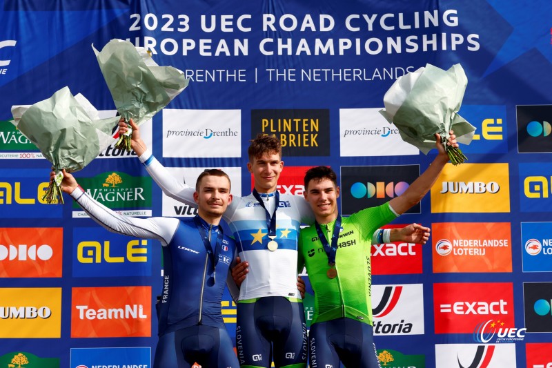 2023 UEC Road European Championships - Drenthe - Junior Men's Road Race - Drijber - Col Du VAM 111 km - 23/09/2023 - Anze Ravbar (Slovenia) - Matys Grisel (France) - Zak Erzen (Slovenia) - photo Luca Bettini/SprintCyclingAgency?2023